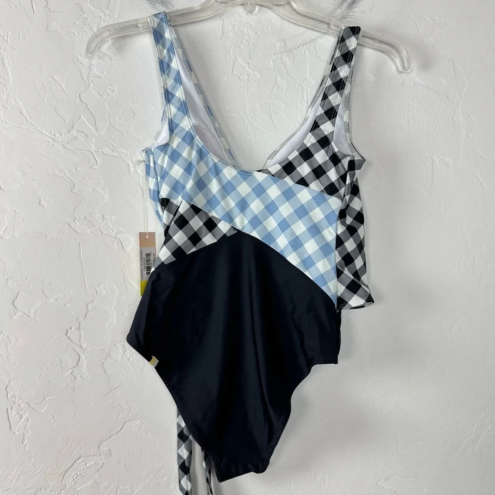 Summersalt Swim Suit One Piece The Perfect Wrap Tie Front Gingham Blue Black - Picture 2 of 8